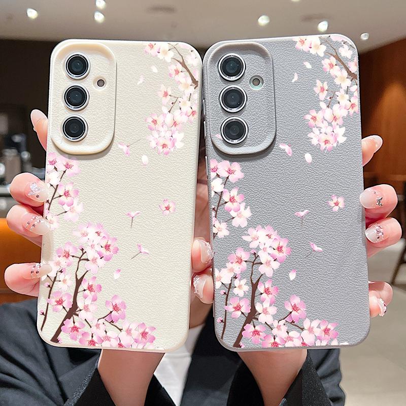 Pink Peach Blossoms Floral Case For Samsung S26 S25 S24 Ultra S23 S22 S21 FE A15 A16 A17 A26 A35 A36 A37 A54 A55 A56 A57 5G Leather Texture Cover