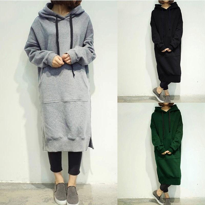 Damska bluza z długim rękawem, luźna, casualowa, plus size, z kapturem, długa sukienka maxi, wysokiej jakości, o ponadczasowym designie