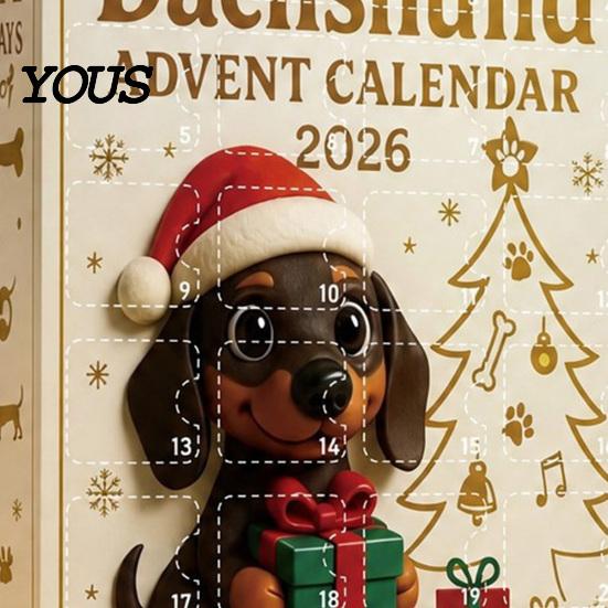 Acryl-Hängedekorationen 2026 Dackel Adventskalender mit 24 einzigartigen 2D-Ornamenten, festliche dekorative Schreibtischornamente Countdown-Box für Weihnachten
