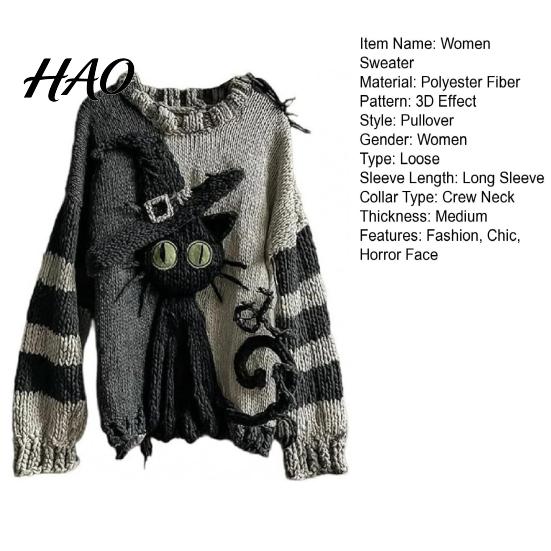 Layering Sweatshirt Halloween Spooky Face Sweater for Women Patchwork Print Knit Spring Autumn Winter Top Long Sleeve Crewneck Stitched Fall Outfit