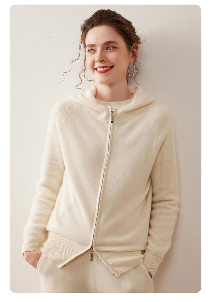 Women's Cashmere Knit Zip-Up Hoodie - Soft, Skin-Friendly, Thick, Solid Color Cardigan for Autumn/Winter