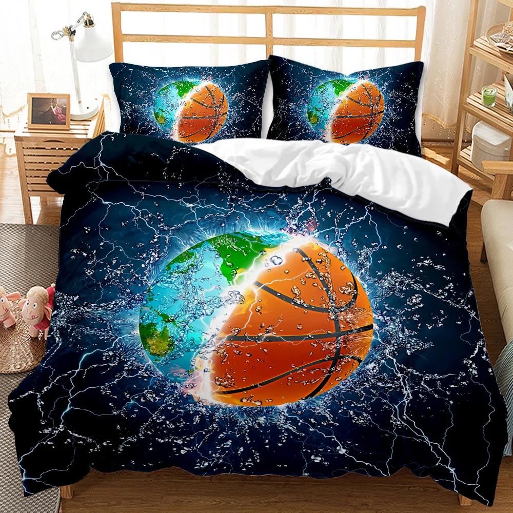 3-dielna posteľná bielizeň s motívom Fire Basketball z mikrovlákna, veľkosť Queen/King, športová súprava prikrývky pre tínedžerov, 2 obliečky na vankúše a 1 polyesterový poťah