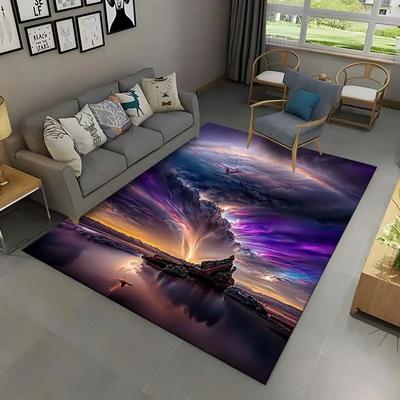 Rainbow Purple Fantasy Cloudscape Rug, Vibrant Art Style Home Decor Carpet for Living Area with Intense Sky Charm