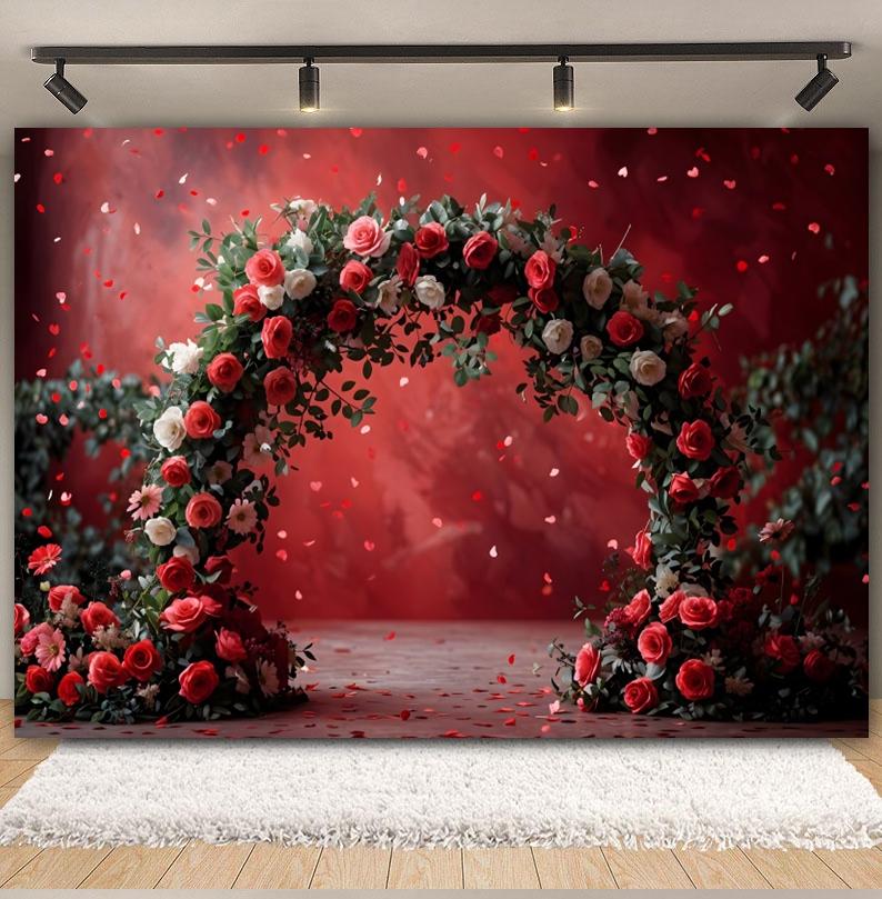 February 14 Valentine's Day Photography Backdrop Red Rose Arched Heart Flowers Romantic Wedding Bridal Shower Photo Background