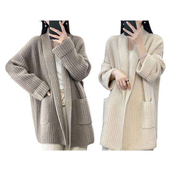 Women Fall Winter Cardigan Sweater Open Stitch Knitted Pockets Lapel Loose Thick Warm Soft Elastic Long Sleeve Plus Size Mid Length Lady Coat Jacket