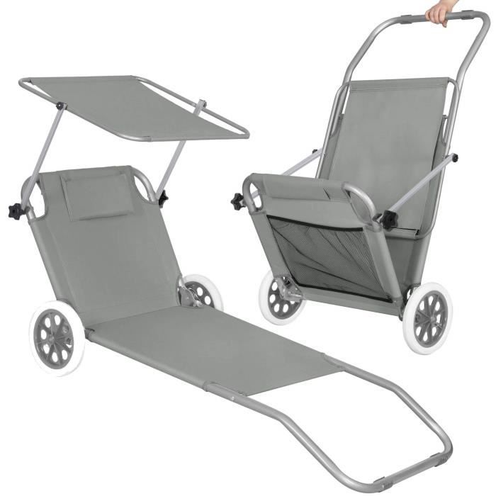 Sun Lounger - SPRINGOS - Reclining - Headrest - Rubber Wheels - Sunshade - Grey