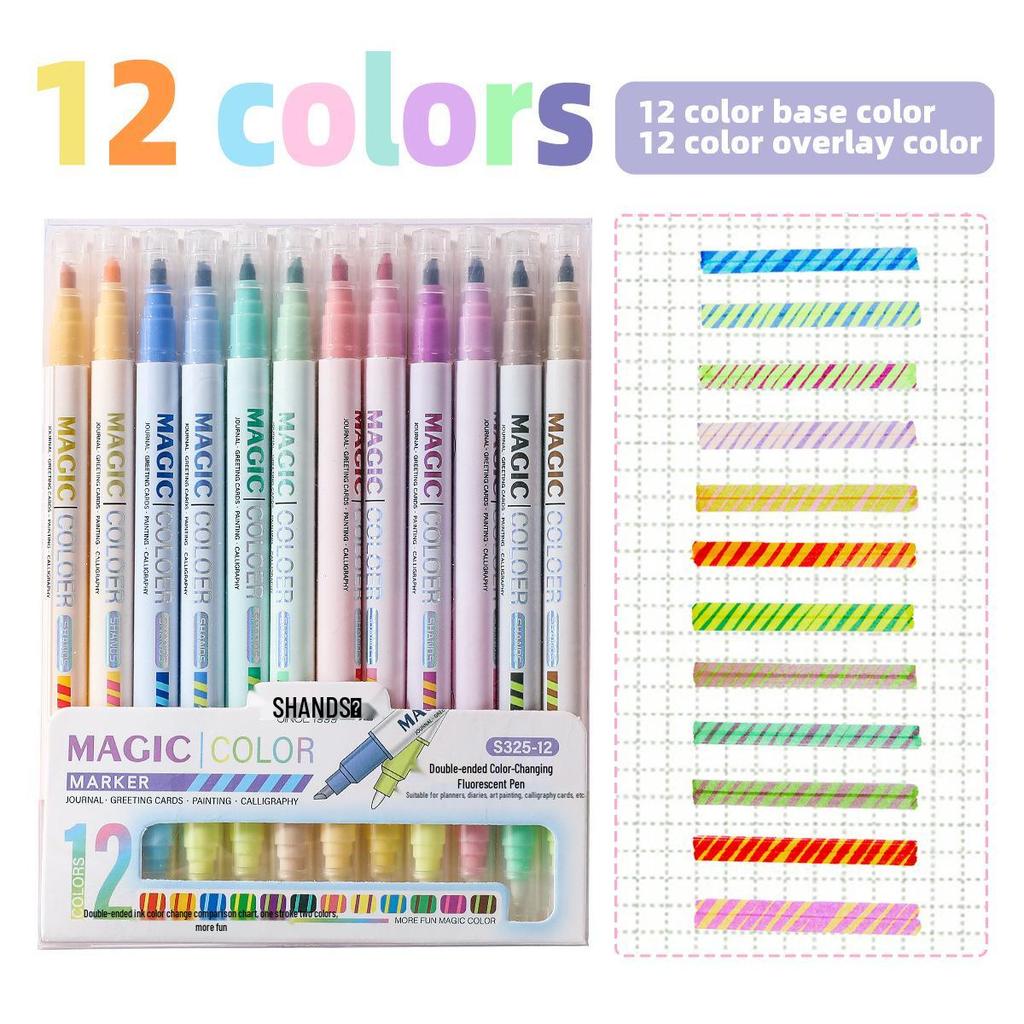12-kleurig Dubbelzijdige Fluorescerende Pen Set - Kleurveranderende Markeer- & Kunstmarkers voor Studenten