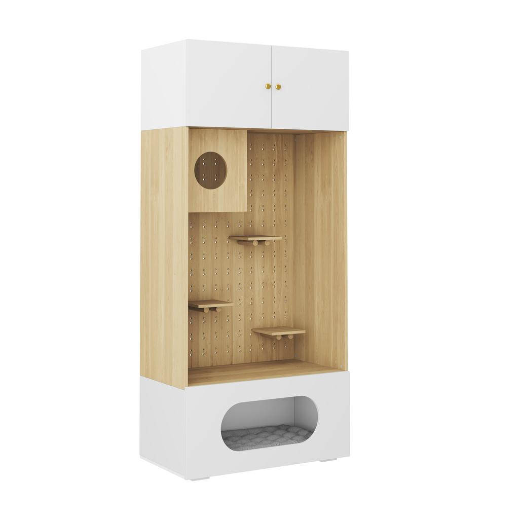 Armoire pour animaux de compagnie avec mur d'escalade pour chat, grotte pour chat, zones de repos et coussin doux, 90 x 50 x 202 cm, avec espace de rangement, Blanc + Aspect Bois