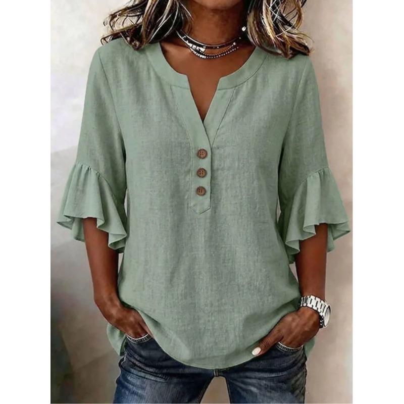BITCED Women's Fashion Casual Solid Color Print 3/4 Sleeves V-Neck Blouses & Shirts