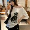Harajuku Women T-shirts Summer Short Sleeve Slanted Collar Casual Loose Vintage Cartoon Print Loose T Shirt Ladies White Y2k Tops Clothes