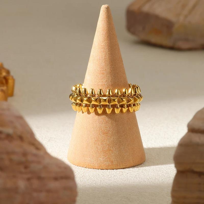 Double-Layer Stainless Steel Ring 18K Gold Plated Round Geometric Open Ring for Women Fashion Adjustable Finger Jewelry Daily