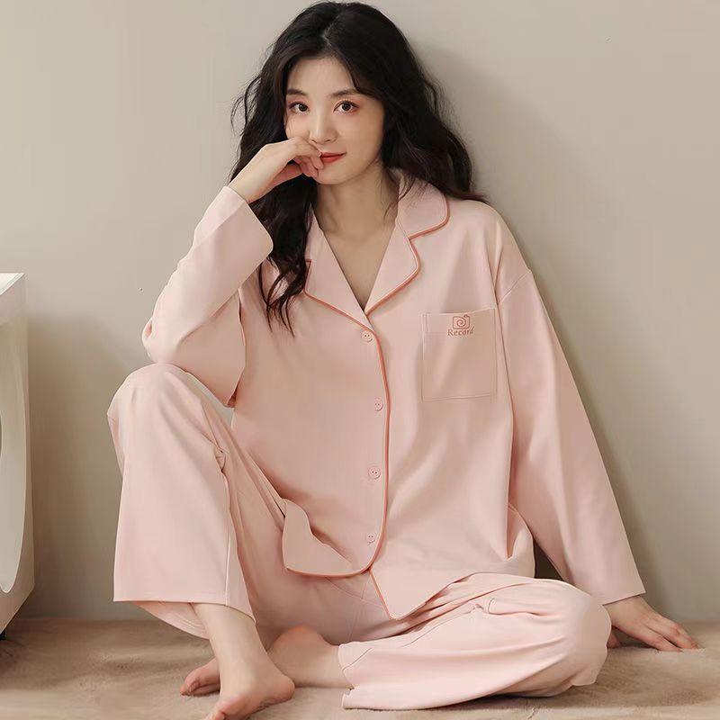 Pajamas women's spring and autumn 100% pure cotton long-sleeved plus size purple high-end autumn and winter cardigan loungewear two-piece set