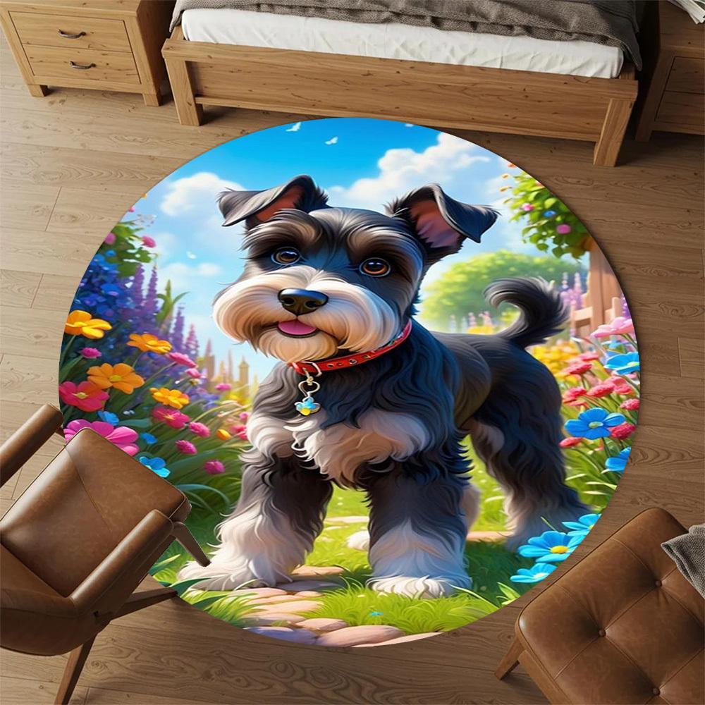 1PC Garden Dog Schnauzer Round Chair Mat Area Rug - Non-Slip, Floor Mat for Office, Bedroom, Home Decor Christmas Gift C0528050
