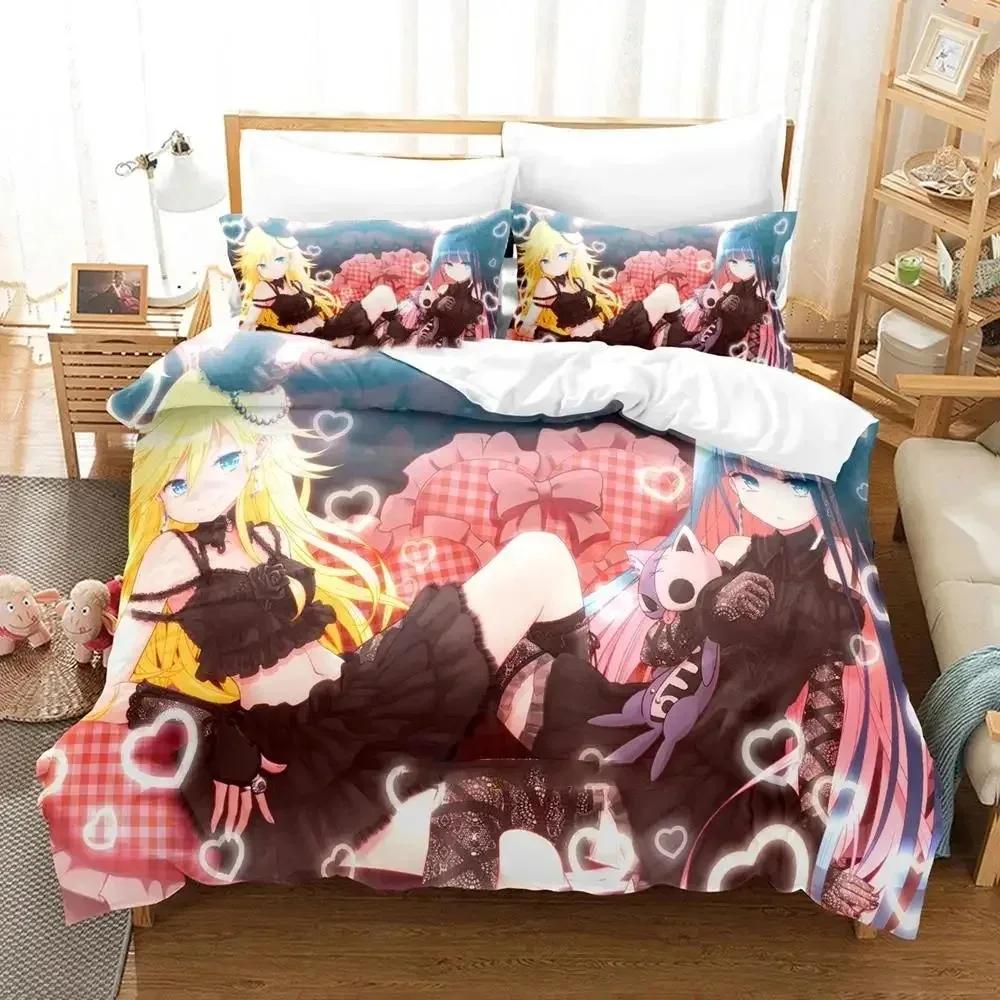 Anime Panty Stocking Garterbelt Beddengoedset voor jongens en meisjes, tweepersoons (queen size), dekbedovertrek, kussensloop, bed, jongens, volwassenen, huistextiel