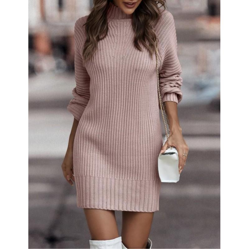 Women's Autumn and Winter Solid Color High Neck Long Sleeve Sweater Spring Slim Mid-Length Commuter Dresses