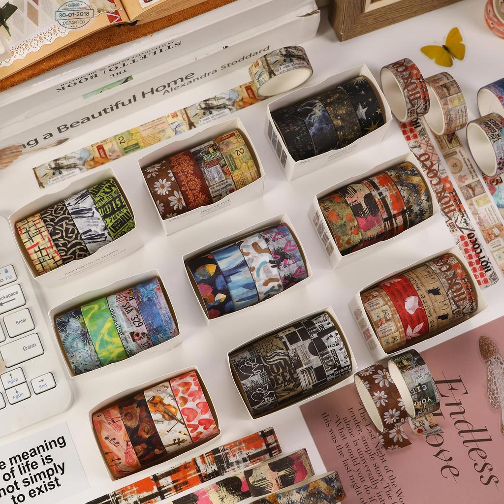 YUBBAEX Masking Washi Tape mit künstlerischem botanischem Retro für und Scrapbooks Tape, 12-Rollen-Set, Muster, Stil, Planer, Dekorationen, Verpackung,