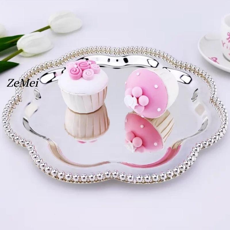 European Style Flower Shape Fruit Plate,Pearl Dot Silver Stainless Steel Cake Plate Home Food Tray, Snack Disc Table Decoration