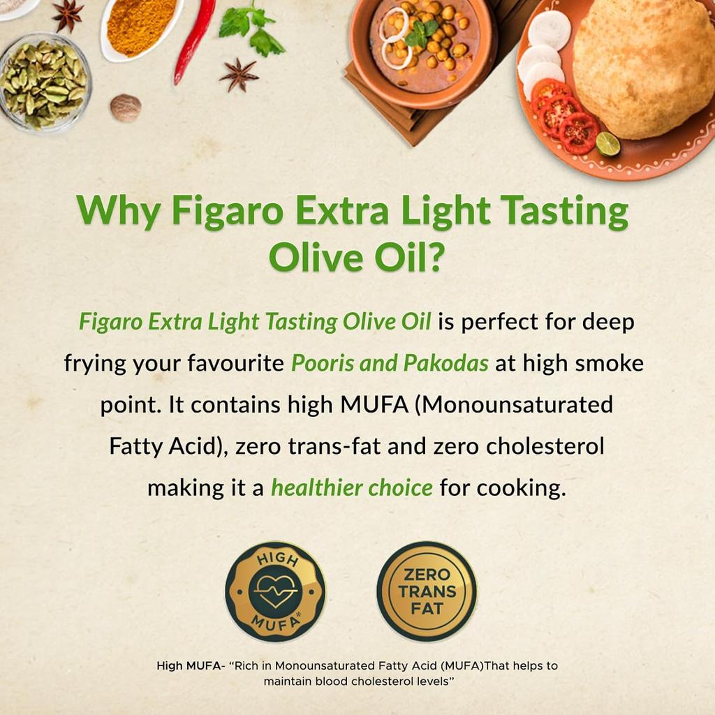 Figaro Extra Light Tasting Olive Oil 500 ml Pack of 1 – Perfect for Indian Cooking and Deep Frying