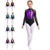 Girls Shiny Rhinestones Leotard Color Block Patchwork Keyhole Back Mesh Long Sleeve Bodysuit Gymnastics Dance Wear