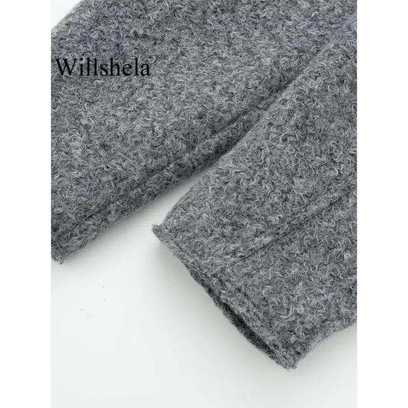 Women Fashion with Pockets Grey Front Zipper Jackets Vintage Lapel Neck Long Sleeves Female Chic Lady Outfits