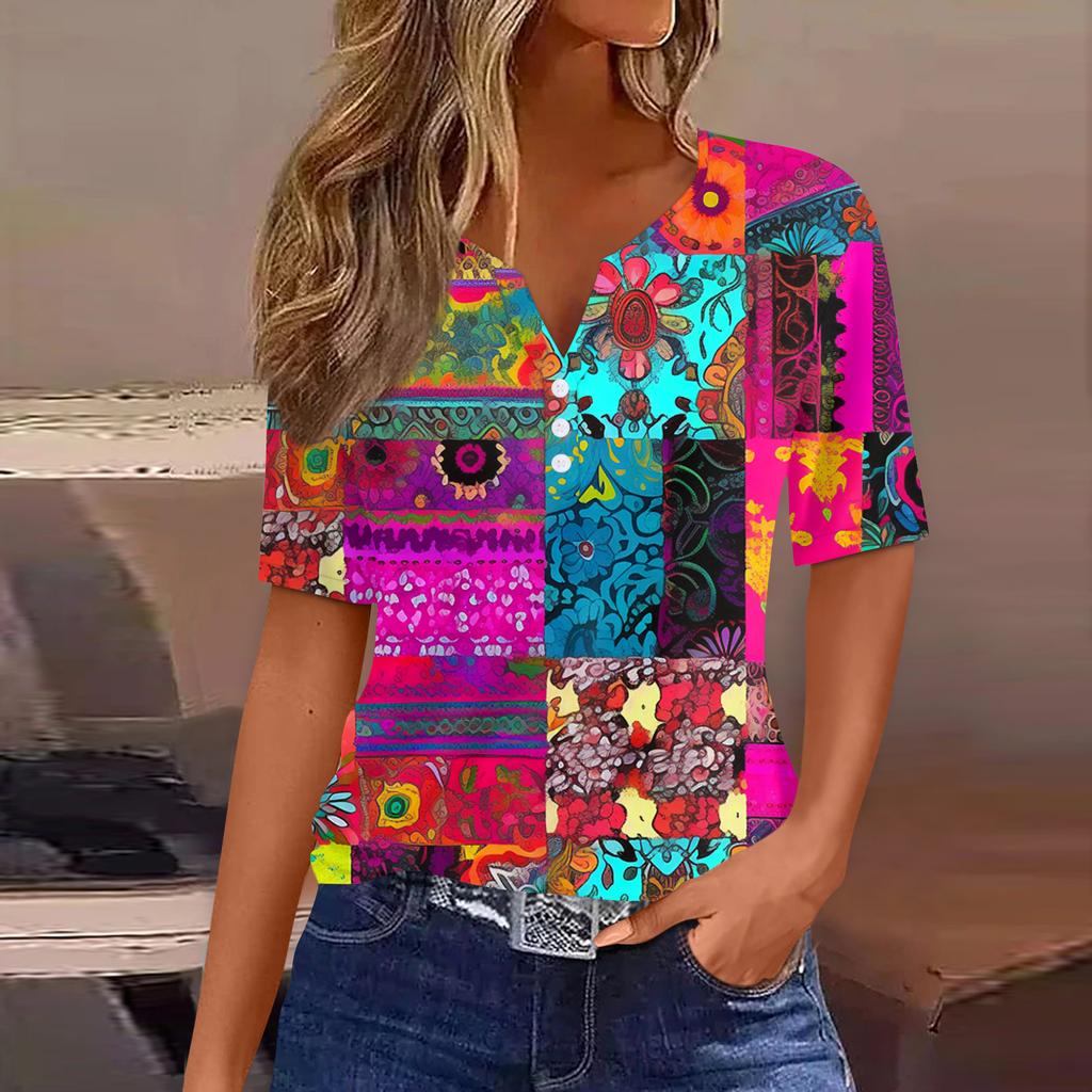 Women's T Shirt Print Button Short Sleeve Daily Weekend Fashion Basic V-Neck Regular Top