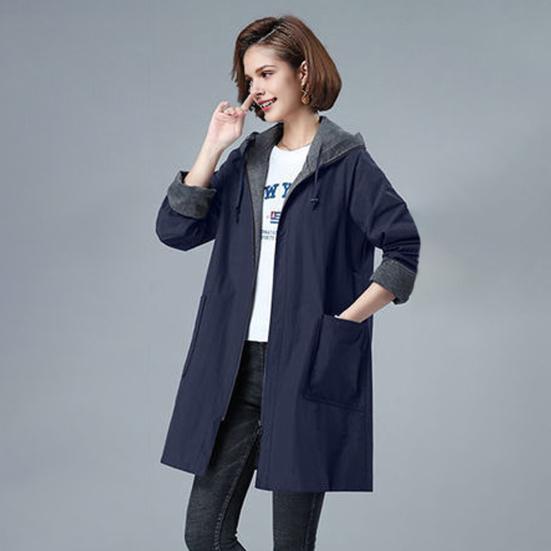 Spring Fall Women Jacket Hooded Long Sleeves Drawstring Plus Size Pockets Zipper Closure Windbreaker Mid Length Solid Color Big Pockets Windproof Warm