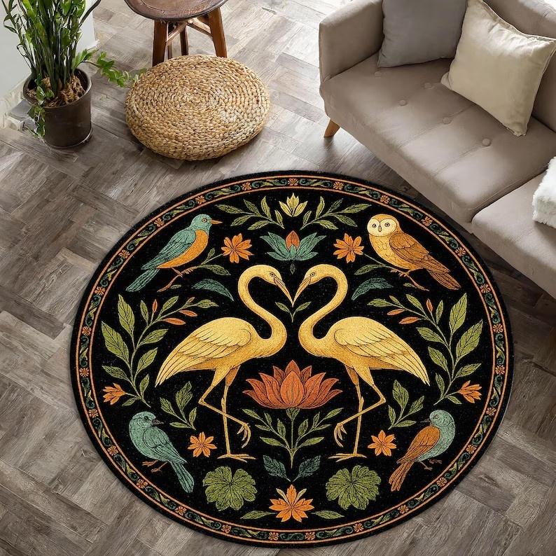 Doppelkrähe Barockteppich Schwarz und Gold Gotischer Runder Teppich Dunkles Viktorianisches Dekoratives Design Teppich Heimdekorations Teppich