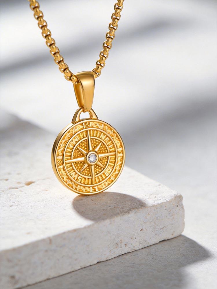 Vegvísir Zirkon Oktagramm Runder Anhänger für Damen Herren Edelstahl Kette Halsketten Paar Schutzanhänger Schmuck