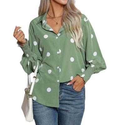 Polka Dot Printed Lantern Sleeve Shirt Women's Long Sleeve Blouse Green Loose Top