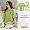Women's Stretchy Summer Pajamas with Built-in Bra, Short Sleeve Top & Three-Quarter Pants, Round Neck, Pullover, Thin 2-Piece Set for Outdoor Wear.