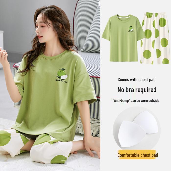 Women's Stretchy Summer Pajamas with Built-in Bra, Short Sleeve Top & Three-Quarter Pants, Round Neck, Pullover, Thin 2-Piece Set for Outdoor Wear.