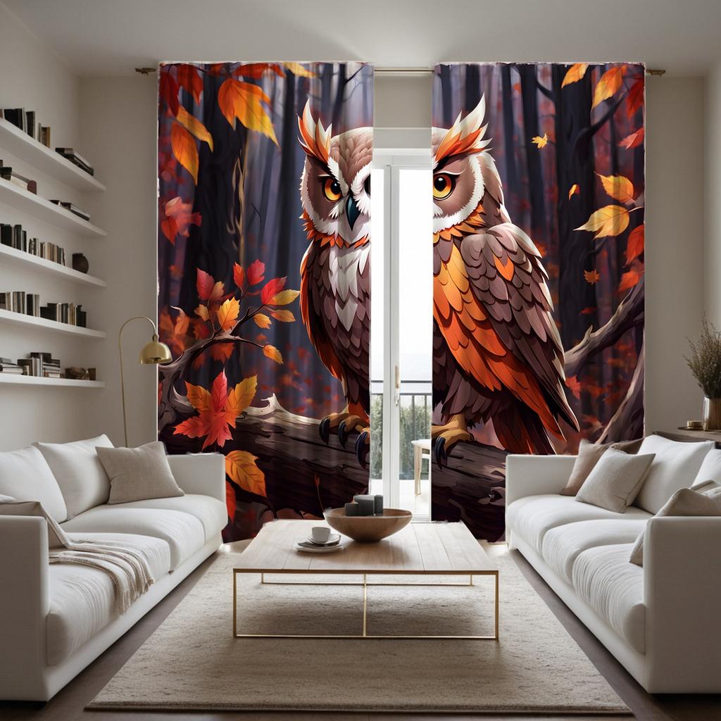 2pcs Set HD Jungle Vintage Owl Curtain Red Tie Digital Printed Curtain Home Decor Style Decorate Living Room Bedroom Wear Rod