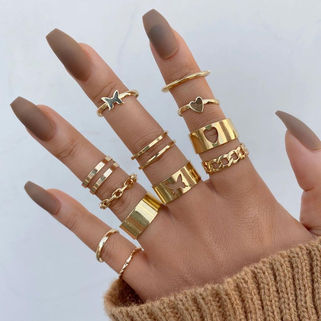 Gold Color Irregularly Rings Set For Women Vintage Heart Butterfly Pearl Geometric Hollow Ring New Fashion Party Jewelry Gifts