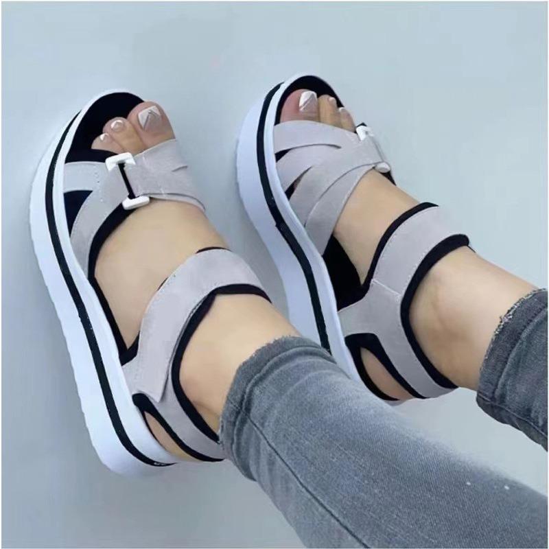 Women's Flat Velcro-Strap Beach Sandals, Thick-Soled Casual Footwear, Available In Large Sizes.
