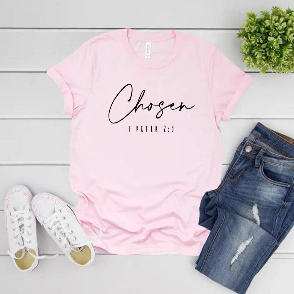 Wybrany 1 Piotr 2:9 T-Shirt Koszule chrześcijańskie Wiara T Shirt Odzież religijna Damskie koszulki z krótkim rękawem T-shirt z wersetem biblijnym Top