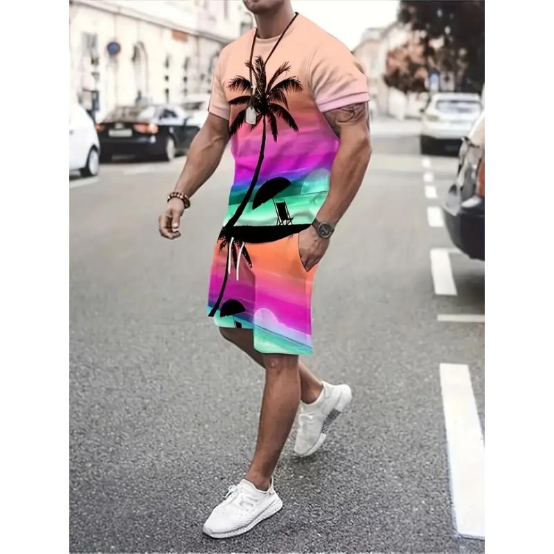 Hawaiian Coconut 3D Print Fashion Crew Neck Men's Suit Everyday Casual Short Sleeve And Shorts Harajuku Street Fashion Suit