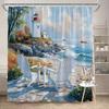 Coastal Lighthouse Shower Curtain - Digital Art Design With Sailboats, Chairs & Fall Leaves, Beach-Themed Polyester Curtain
