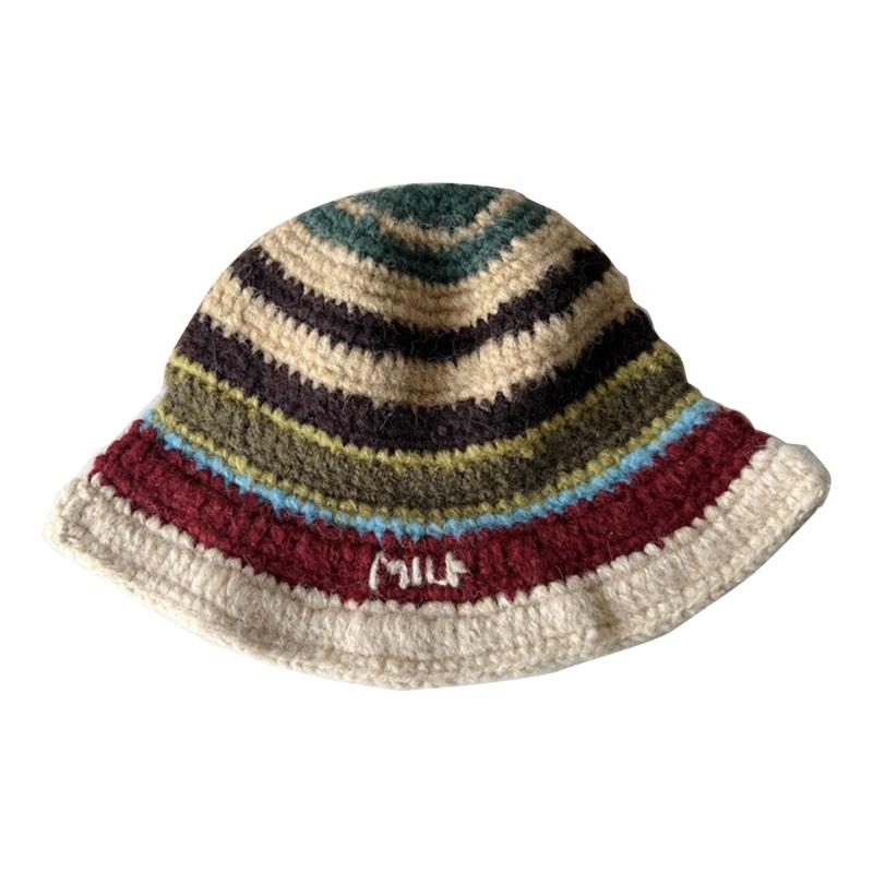 Popular Crochet Stripe Hat Knitting Fisherman Hat Handmade Knit Skull Hat Ins Style Beanies Hat Girls Casual Bucket Hat