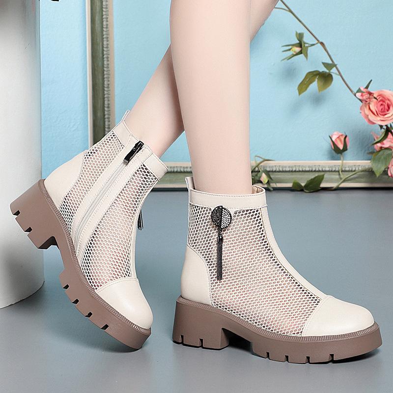 High Heel 4.5cm New Genuine Leather Martin Boots Women's Thin Mesh Breathable Hollow Thick Sole Increase Versatile Casual Short Boots Mesh Boots