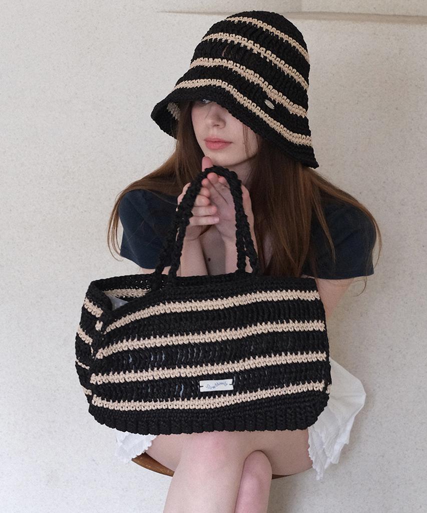Slowslowly Moroccan Handmade Crochet Stripe Wide Tote Bag _ Black