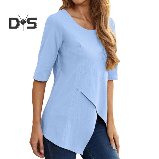 Women Tops Round Neck Half Sleeve Irregular Hem Pullover Tops Loose Fit Solid Color Casual T-shirt Daily Wear