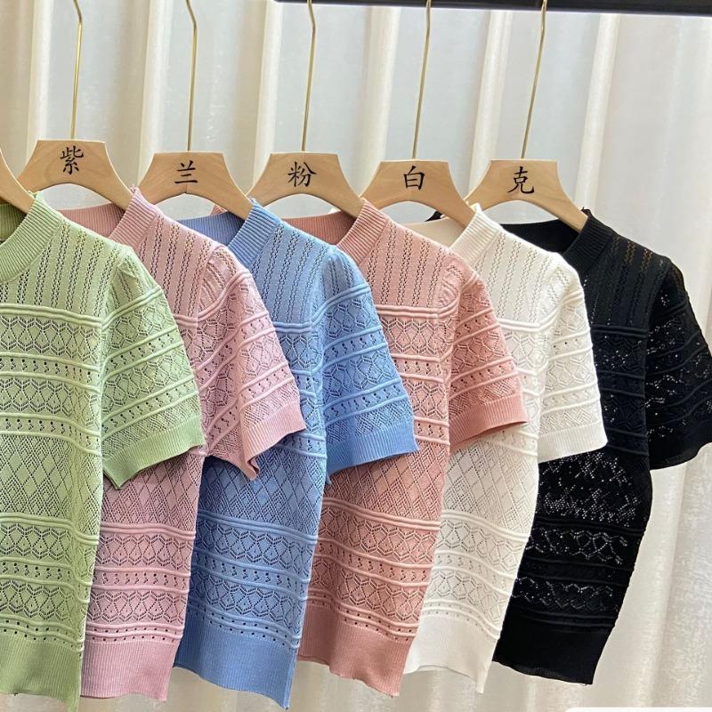 Tricouri Casual Tricotate cu Mânecă Scurtă Decupate de Vară pentru Femei Temperament Chic Decolteu Rotund Larg Topuri Tricou Femei Elegant Croială Slim Fit Monocrom Tricou Damă 26517
