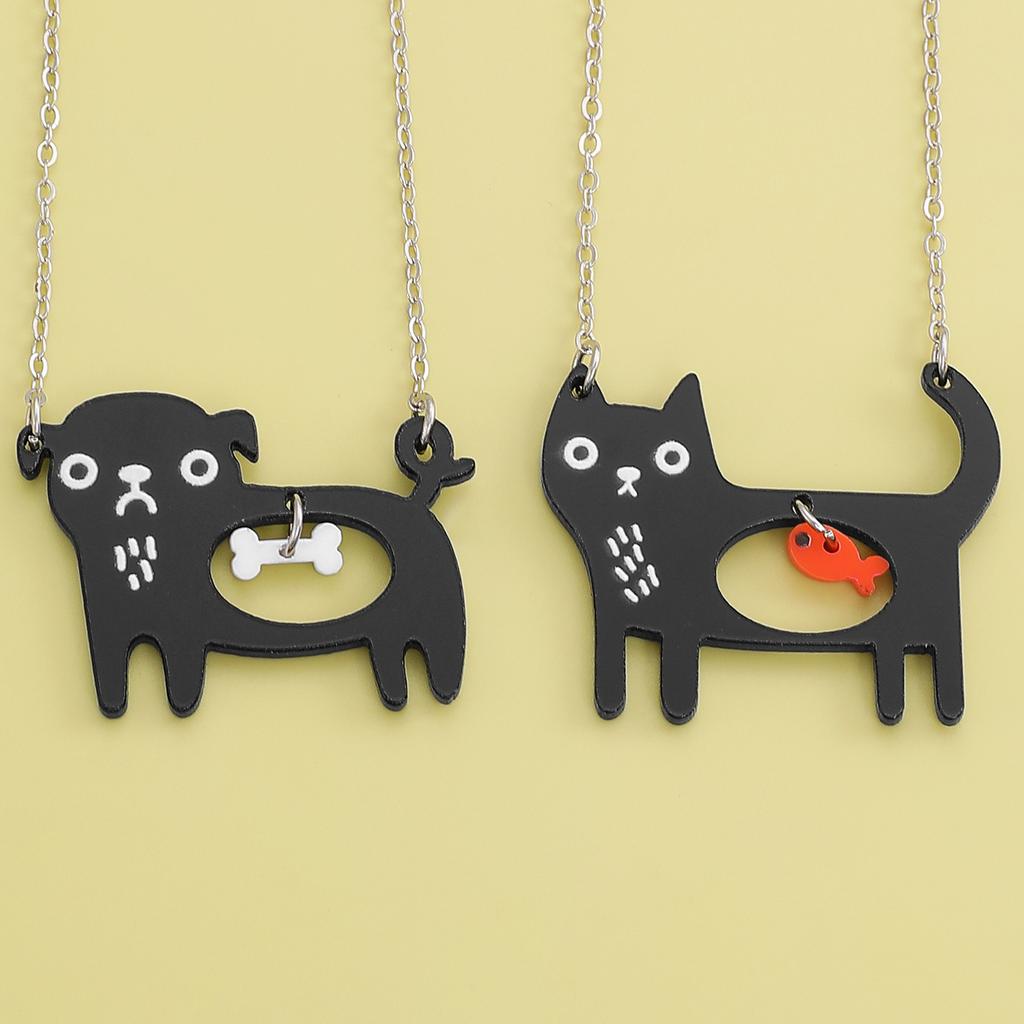 Cute Black Cat Fish Bone Pendant Necklace - Creative Cartoon Animal Charm Fashion Jewelry