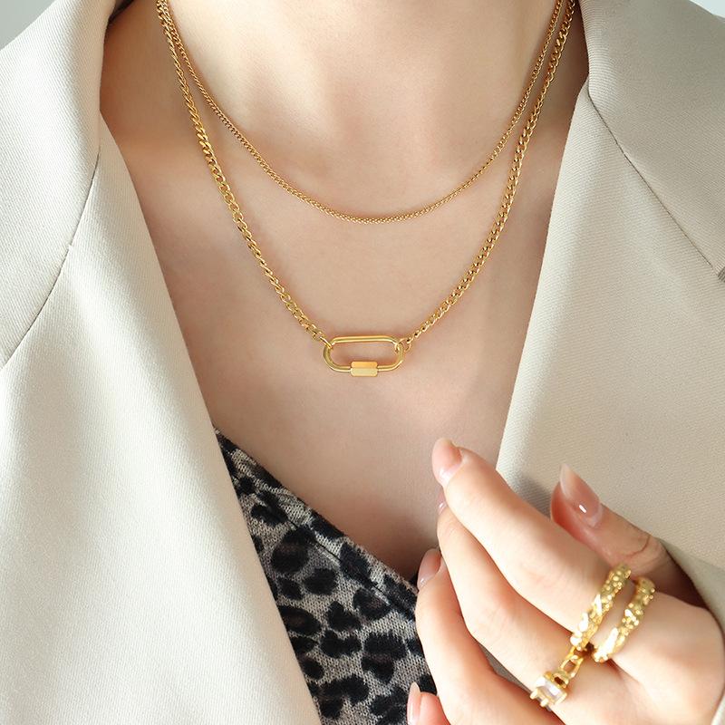 Jewelry Chocker Geometric Special-Shaped Special Oval Buckle Double Layer Stacked Clavicle Titanium Steel Necklace P961