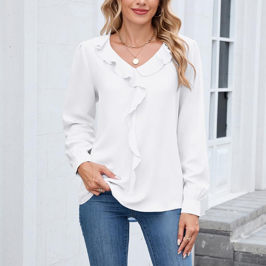 Women's Fashionable Casual  Long Sleeved V-neck Pleated Ruffle Edge Shirt Pullover Top