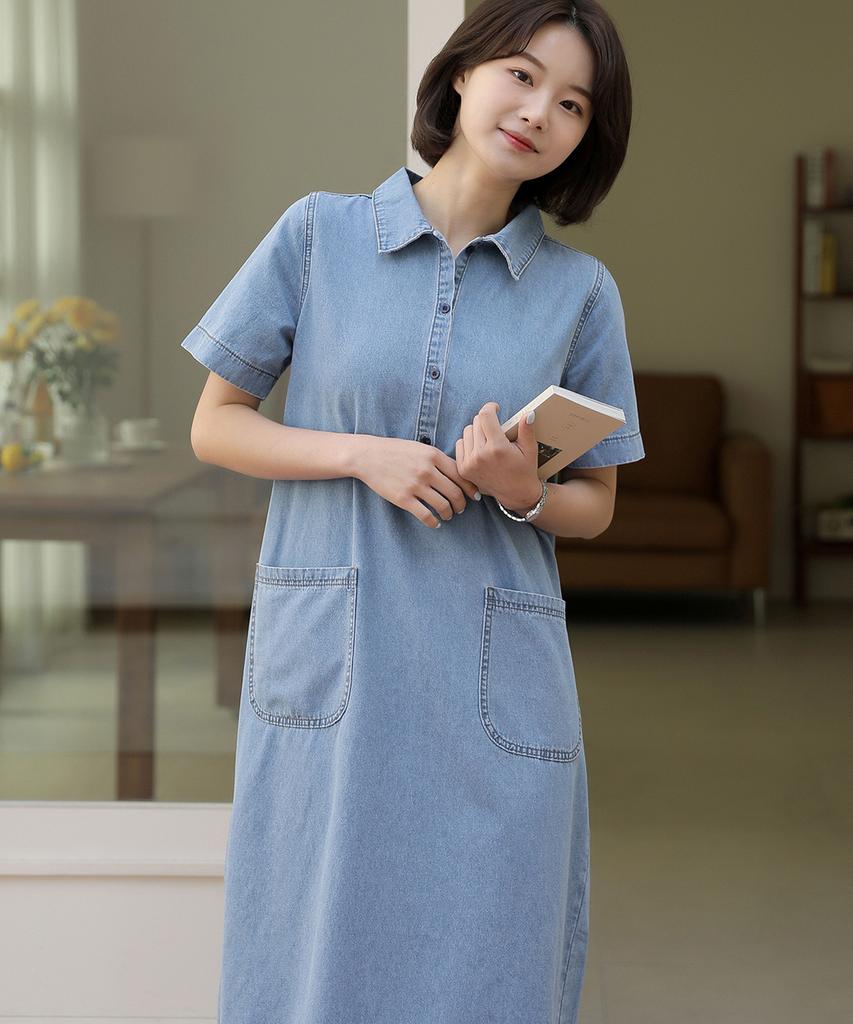 Ppaeppae Collared Neck Pocket Short Sleeve Shirt Denim Long Dress