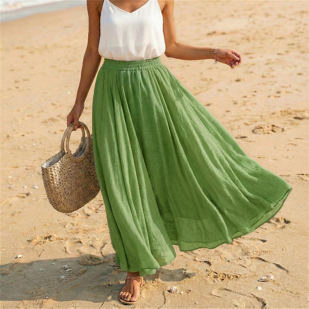 Women's Casual Holiday Solid Color Cotton Linen Long Skirt A-Line Beach Half Length Skirt Elastic Waist Comfortable Fit