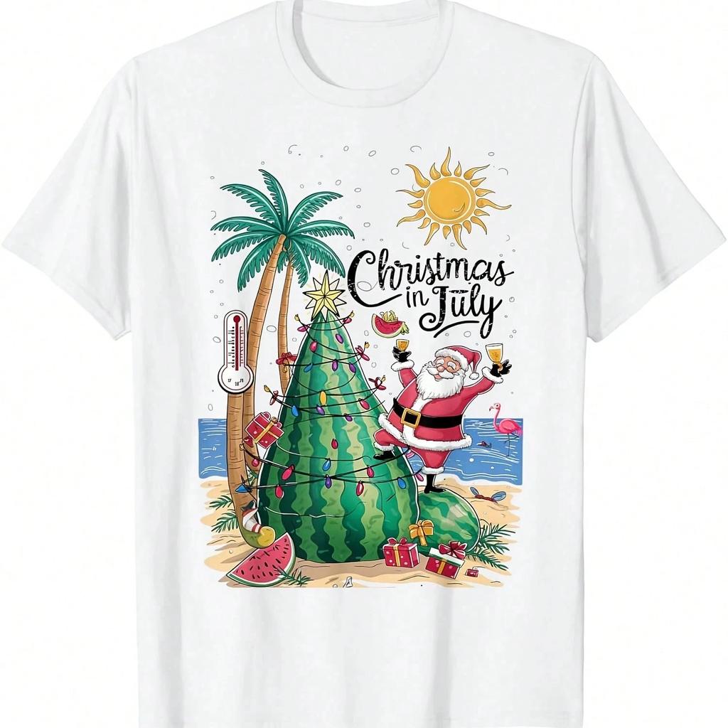 Christmas in July Watermelon Santa Beach Graphic Tee Short Sleeve Cotton TShirt for Unisex