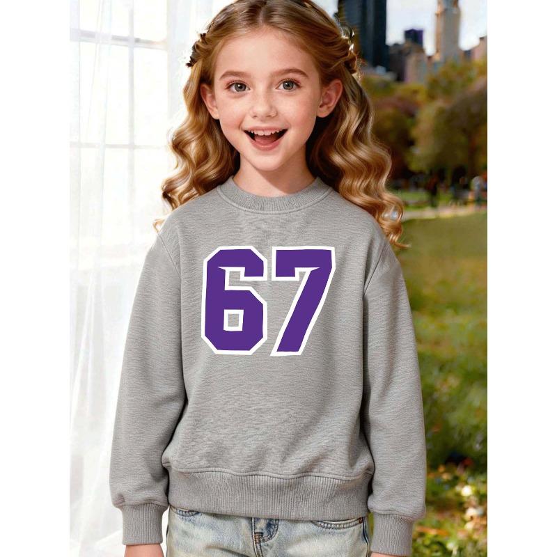 European Sizes Kids' Round-Neck Pullover Sweatshirt Features a Striking Purple '67' Print On The Front, for a Visually Appealing Minimalist Design.