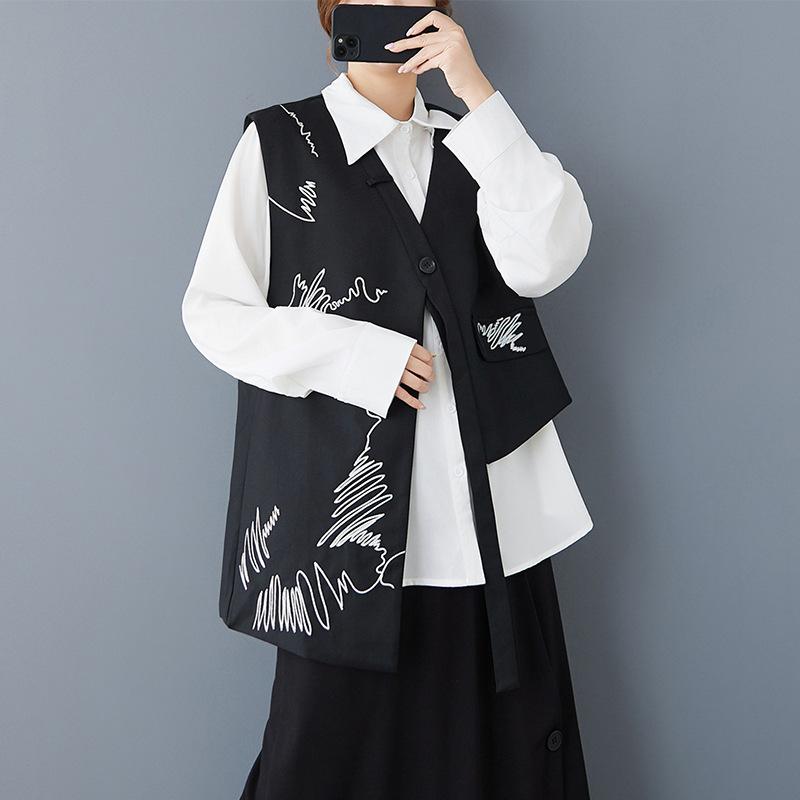 Women Spring Retro Black Vest Design Sense Irregular Personality Loose Fashion Women's Vest